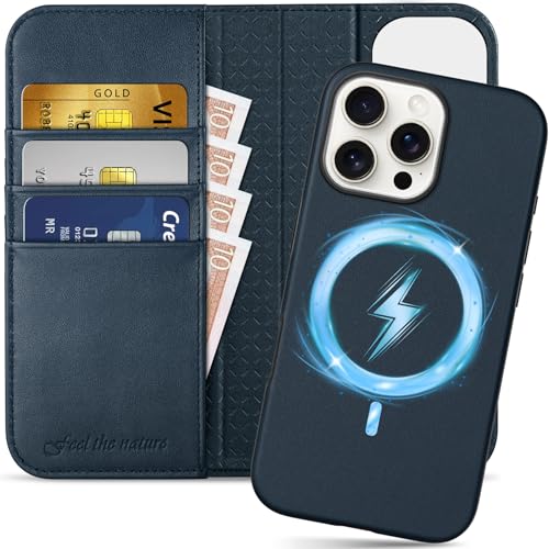 SHIELDON 2 in 1 Wallet Case for iPhone 16 Pro Max 5G, Genuine Leather Kickstand RFID Blocking Card Holder Magnetic Shockproof Wireless Charging Case Compatible with iPhone 16 Pro Max - Navy Blue