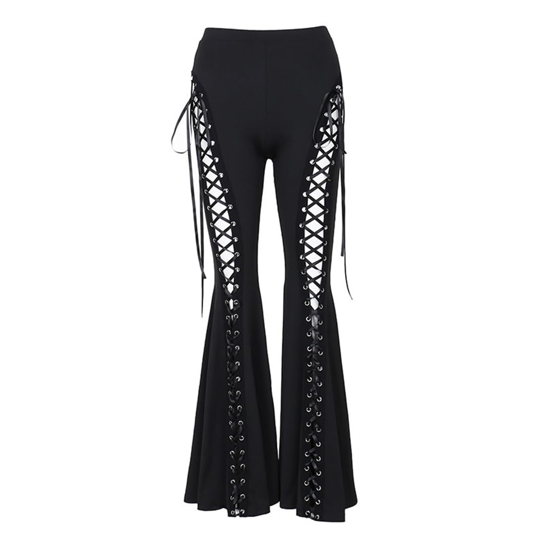 Goth Pants Lace Up Bell Bottom Black Flare Leggings Lace Mall Gothic Punk Rave Pants Alt Aesthetic Grunge, Black, S