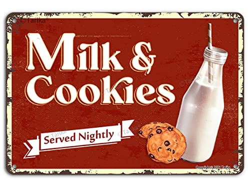 Christmas Hanging Metal Sign, Milk And Cookies Served Nightly Rustic Decorative Wall Decor Tin Sign For Christmas Indoor Outdoor Kitchen Coffee Shop Party Decor, 8X12 Inch #TOP5