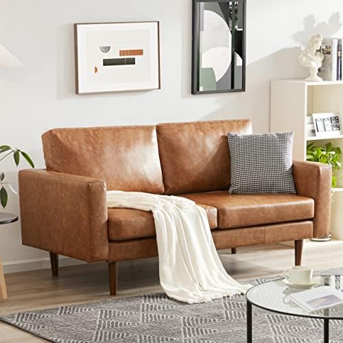 Kingfun 65" Faux Leather Loveseat Sofas for Living Room, Small Sofa Couches for Small Spaces Bedroom with Solid Wooden Frame and Padded Cushion, Mid Century Modern Decor Love Seats Furniture (Brown)
