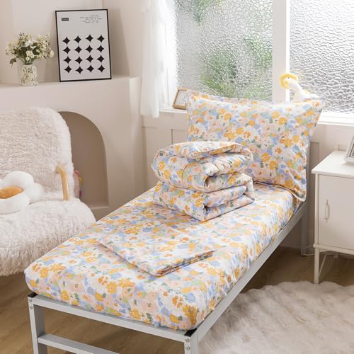 Image of Caressma Twin Size 5 Pieces Comforter Set Bed-in-a-Bag,Soft Fabric Print Yellow Floral for Baby & Kids,Includes Flower Comforter, Fitted Sheet, Flat Sheet，Pillow Case & Pillow Shame for All Seasons