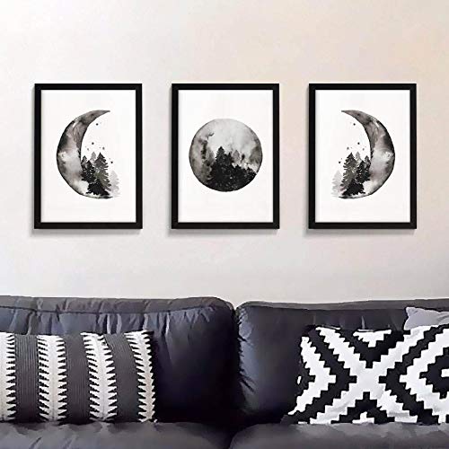 Kit 3 Quadros Fases da Lua Aquarela - 30x40-preta