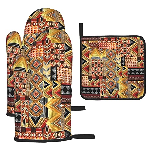 African Textile Patchwork Printed Oven Mitts And Pot Holders 3 Piece Set Heat Resistant Non-Slip Waterproof Oven Gloves For Grilling Bbq Cooking Baking Kitchen Microwave Pizza #TOP19