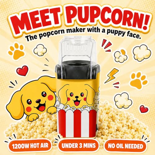 Image of Pupcorn Popcorn Machine - Cute Puppy Air Popper Popcorn Maker, Oil-Free | Pupcorn, a puppy hot air popcorn popper for movie night. Oil-free, butter-melting tray. A fun small mini popcorn machine.