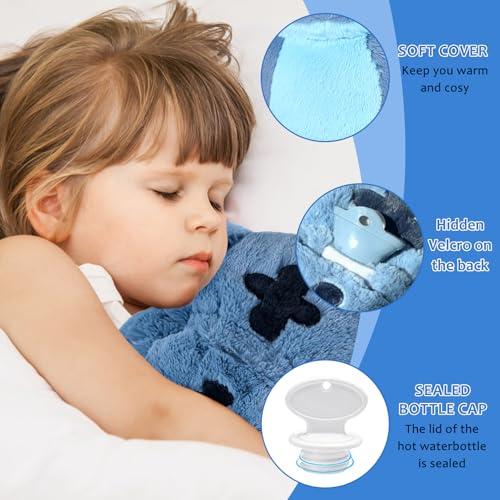 Fluffy Wärmflasche, Sti-tch Wärmflasche, Wärmf-lasche Kuscheltier, Cartoon Heißwasserflasche für Kinder, Hot Water Bag, Herausnehmbarer Innenbehälter, Handwärmer für Kinder & Erwachsene (Blau)