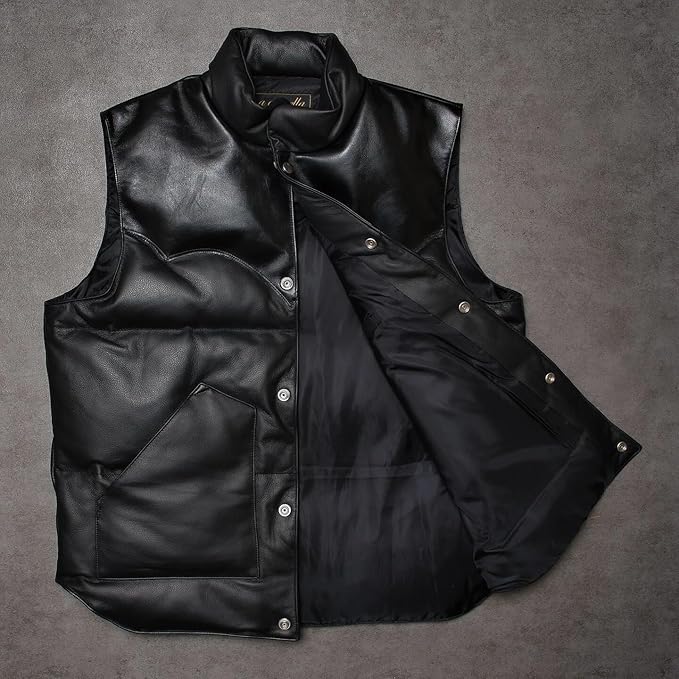 Men's Leather Puffer Vest – Sleeveless Winter Outerwear, Warm Puffy Coat with Pockets, Casual Cold Weather Jacket2