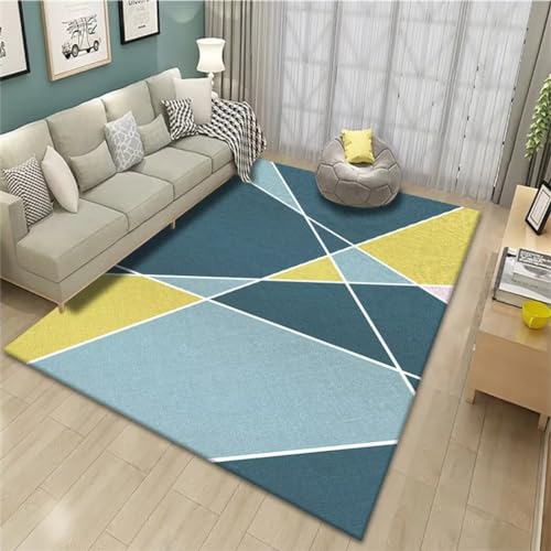 Tapis de salon géométrique bleu lavable en machine protège sol - 2