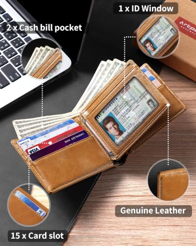 Image of Artpaxy Mens Wallet Bifold Genuine Leather RFID Blocking Wallet for Men with 1 ID Window 15 Card Holders 2 cash pockets 1 Gift Box