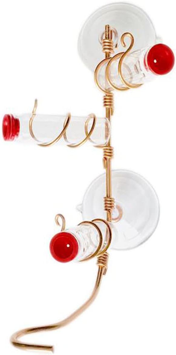 Alimentador geométrico para colibríes, hecho a mano, moderno, de alambre de cobre, para pájaros, botella de plástico con ventosa, múltiples estaciones para decoración del hogar y jardín