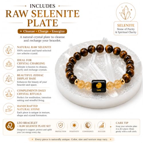 Image of Zodiac Crystal Bracelet with Raw Selenite Plate for Men & Women | Aries, Taurus, Gemini, Cancer, Leo, Virgo, Libra, Scorpio, Sagittarius, Capricorn, Aquarius & Pisces Rashi Bracelet | Astrology Healing Crystal Gift