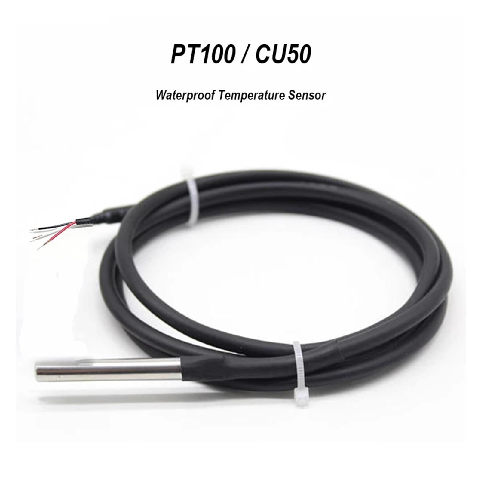 Sonda de temperatura acero inoxidable PT100/CU50-5x50 mm/6x50 mm, cable silicona 1-10 M, resistente al agua, -50~150 °C (1 unidad)