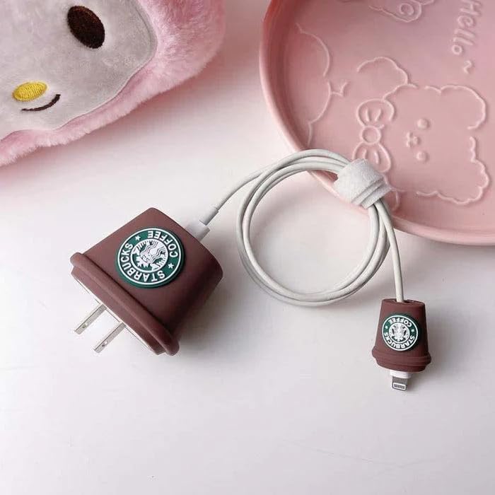 Image of DIVERTS Charger Case Cover 360 Degree Full Protection Cover Funny Cartoon Character Compatible for iPhone 18-20W Silicone Protective Charger Cover Cable Protector (Star-Cup Brown Design)