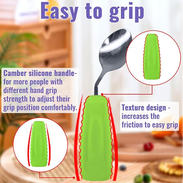 Image of Adaptive Utensils Angled Spoon and Fork for Hand Tremors Parkinsons,Weighted Utensils with Non-Slip Easy Grip Handles for Independent Eating (1pcs Spoon+1pcs Fork=2 pcs,Green,Left Hand)