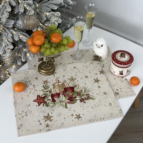 GOBEMÓN Manteles Individuales/Salvamanteles de Navidad, Gobelino/Jacquard (Velas Navideñas, 37 x 48 cm, Pack de 2) con Lurex Dorado