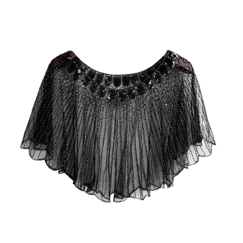 1Pcs Fashion Classic Lightweight Black Vintage Flapper Shawl Ruffles Beaded Embroidery Cape Sparkling Sequins Wrap for Dress Accessories