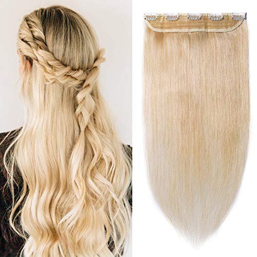 S-noilite One Piece Clip in Human Hair Extensions 60g 3/4 Full Head 5 Clips Invisible Remy Hair Clip On Extension Long Straight For Women Clipin Hair (24inch, 60 Platinum Blonde)