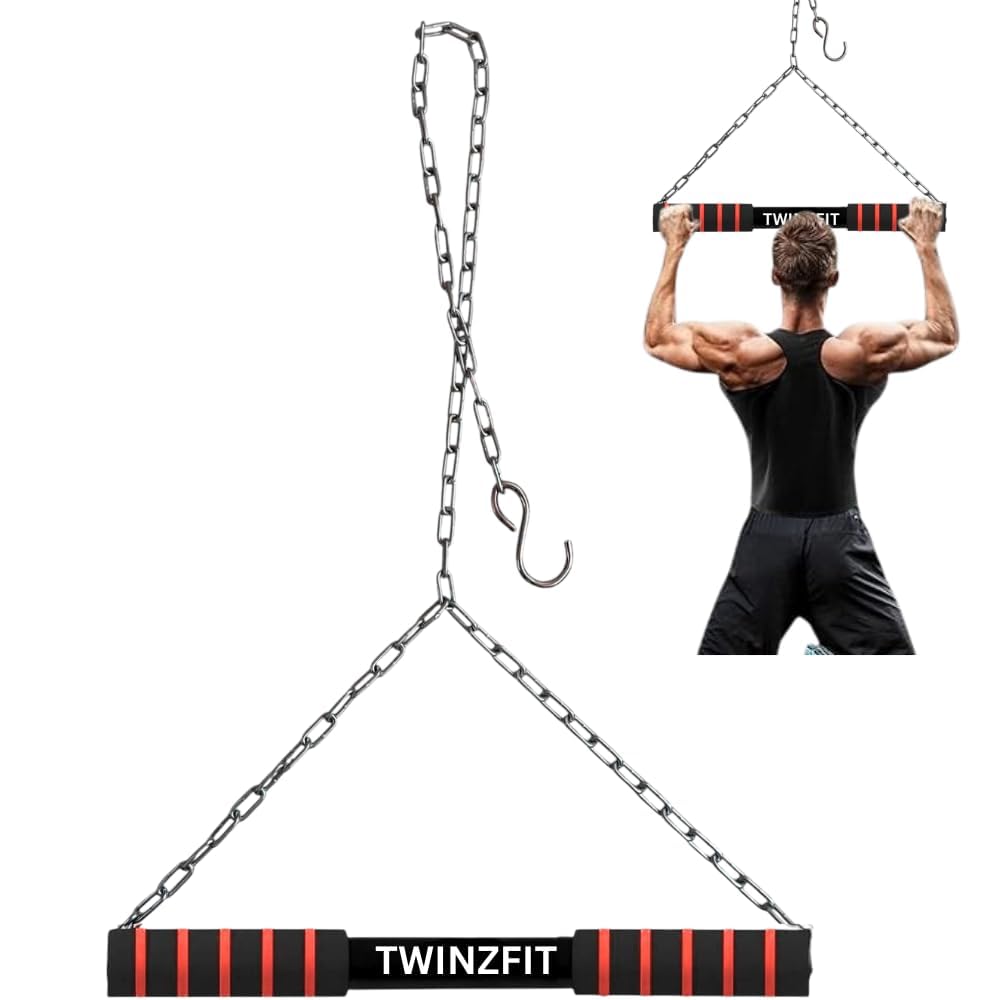 TWINZFIT PREMIUM Chin Up Bar 120 Kg Capacity, Height Increase Rod Pull Up Bar For Kids and Adult Height Growth, Hanging Rod, For Home And Gym Equipment Heavy Duty Chain Black & Red Color (PREMIUM RED ROD)