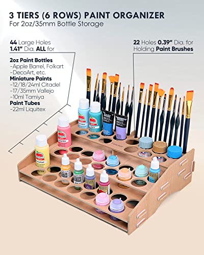 Image of tinctor Wooden Paint Organizer & Paint Brush Holder, for 44 Bottles & 22 Brushes Storage - Craft Acrylic Miniature Paint Rack