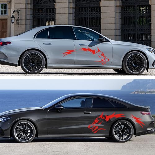 Image of TOMALL 50'' 2Pcs Wolf Car Sticker Decal for Car Body Side Stickers Auto Wolf Graphics Racing Sports Stripes Stickers for SUV Off-Road Vehicles Car Hood Trunk Universal Waterproof Vinyl Sticker (Red)