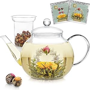 Teabloom Stovetop & Microwave Safe Glass Teapot (40 OZ) with Removable Loose Tea Glass Infuser – Includes 2 Blooming…
