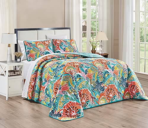 3-Piece Fine Printed Oversize (115" X 95") Vibrant And Bright Bohemian Quilt Set Reversible Bedspread Coverlet King Size Bed Cover (Turquoise, Blue, Orange Boho, Multi Floral) #TOP2