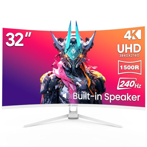 Image of CRUA 32 inch 4K 240Hz Curved Gaming Monitor, 1500R, FreeSync, Speakers, White | UHD 3840x2160 16:9 VA, 120%sRGB, HDMI2.1 /DP1.4, 75x75mm Wall Mount for PC Gaming, Movies, Streaming, Editing and Multitasking