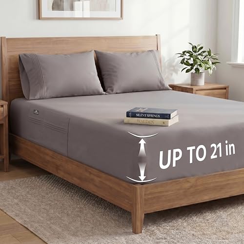 Popfavor Deep Pocket Queen Fitted Sheet with Straps - Fits Mattresses Up to 21 Thick - 3 Piece Bed Sheets - Moisture Wicking Cooling & Soft Fitted Sheet & Pillow Cases (Grey)