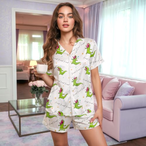 Image of HUNTFAMI Womens Soft Silky Satin Pajamas Set, 2 Pcs Sleep Short Pajamas for Mom and Grandma Button Down Summer Loungewear