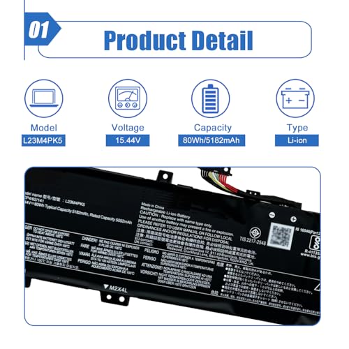 Image of 80Wh 5182mAh L23M4PK5 Laptop Battery Compatible with Lenovo Legion 5i(16 Gen 9) / Y7000P IRX9 2024 / Legion 5 16IRX9 83EW 83DG Series Notebook L23B4PK5 L23C4PK5 L23D4PK5 L23L4PK5