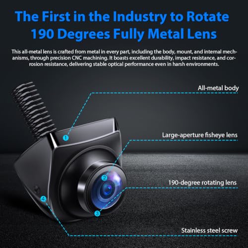 Image of 【Metal Body】 180 Ultra-Wide Angle Backup Camera, AHD 1080P /720P | Super Night Vision, IP67 Waterproof, 360+45 Rotatable, Parking Assist, Universal for Cars Trucks SUV (Matte Black)