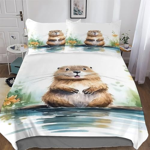 Beaver Duvet Cover Set Kids Bed Cover Adults Bedroom Quilt Cover 2 PCs, 3D Printing Bedding Comforter Cover Bedspread, Soft Microfiber Bed Set Single (135x200cm)