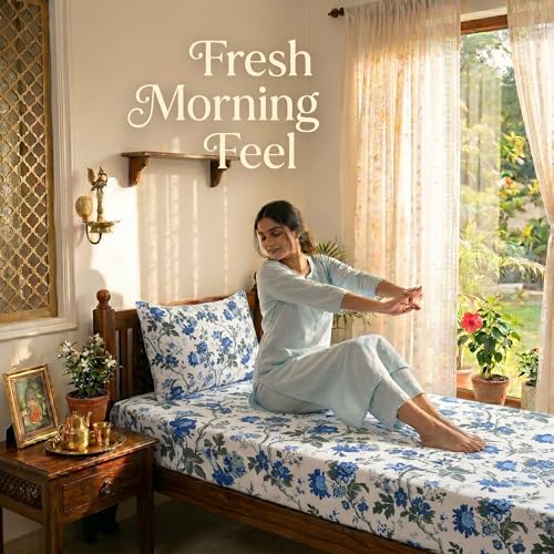 Image of Mafatlal Saanjh 144 TC Single Bed Sheet Cotton 90x60 Inch | Pure Cotton Bedding Set | Floral Printed Bed Cover | Lightweight Breathable Comfort | Block Printed | Pillow Cover Included | Prime Blue