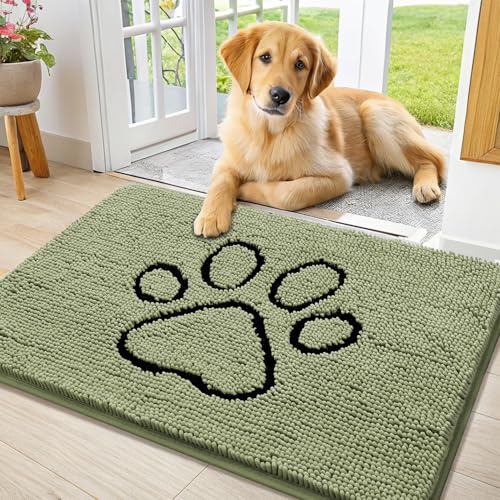 Image of Smiry Dog Door Mat for Muddy Paws, Absorbent Dirt Trapper Non Slip Quick Dry Washable Chenille Mat for Mud Dogs, Entry Rug for Indoor and Outdoor (36x24 Inches, Sage Green and Black)