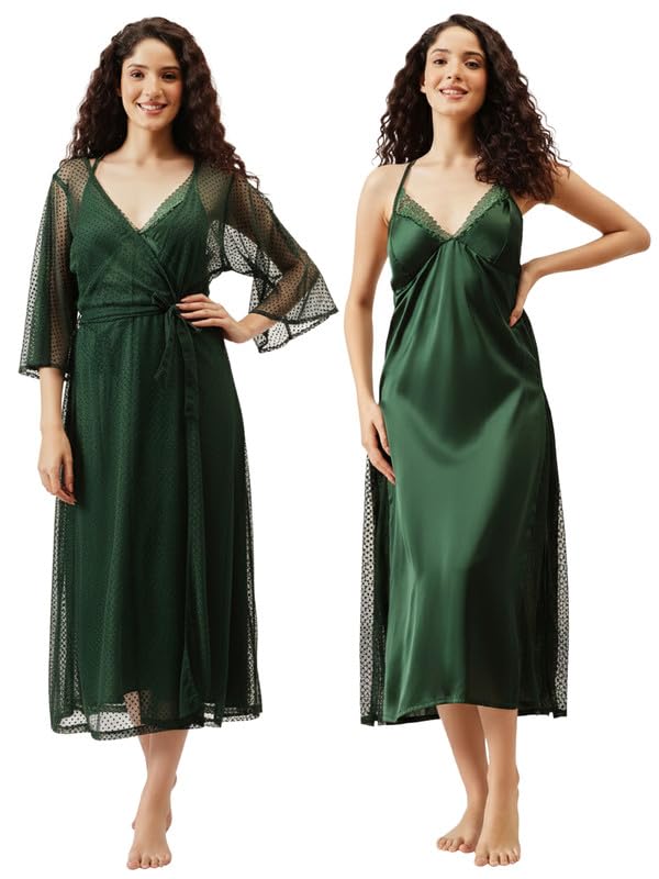Image of Clovia Women Satin Night Suit- Top & Pyjama Set, Bottle