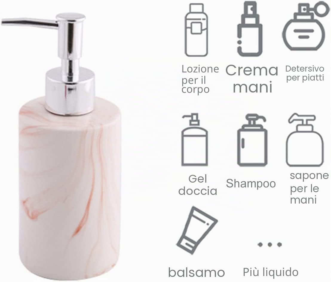 Portasapone, dispenser di sapone liquido, tazza per spazzolino da denti, set di accessori da bagno in marmo e ceramica (rosa)