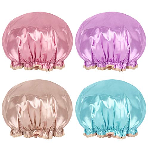 HEETA 4-Pack Reusable Shower Caps for Women Men Kids and Girls, PEVA Waterproof Lining, Double Layers Shower Hat, Elastic Design Suitable for All Head Types, Solid-Colored Sets (Large Size)