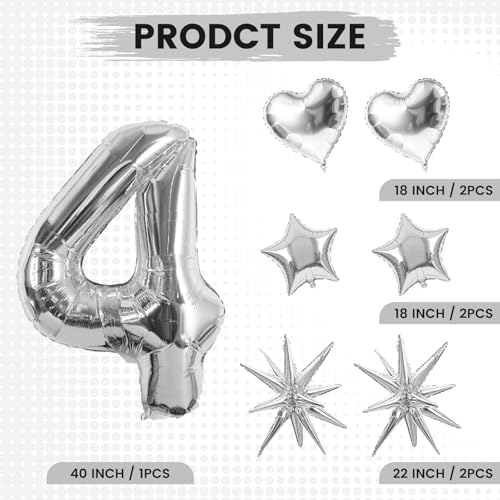 Image of TONIFUL 4th Birthday Balloons Kit 40Inch Silver Large Number 4 Foil Balloon | with 18Inch Helium Mylar Heart Star Balloons for Kids Women Men Birthday Anniversary Graduation New Year Eve Party Decoration