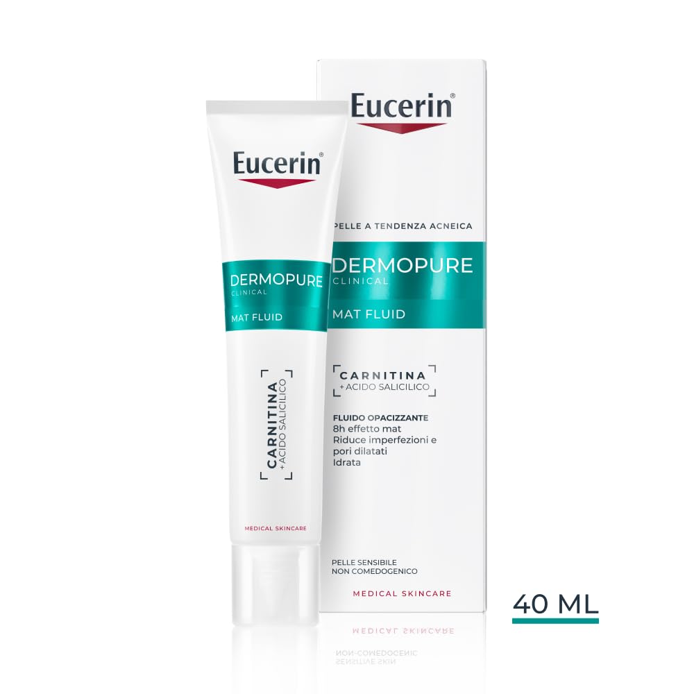 Eucerin DermoPure Clinical Fluido Opacizzante 40 ml, Crema opacizzante viso per 8h effetto mat, Crema viso pelle grassa e acneica con Acido Salicilico e Carnitina anti-imperfezioni e pori dilatati