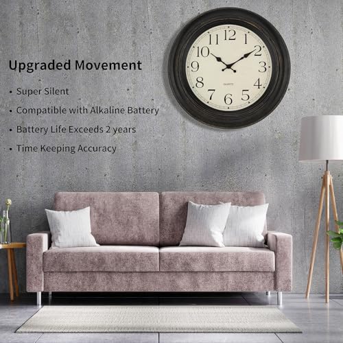 Image of Foxtop Large Wall Clock 18 Inch Silent Non Ticking Battery Operated Classic Vintage Retro Wall Clock Decorative for Living Room Kitchen Home Office (Bronze)