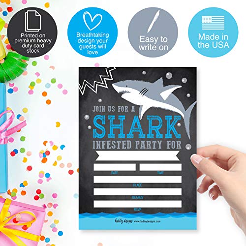 Image of Hadley Designs Kids Birthday Invitations For Boys Shark Theme - 25 Shark Birthday Party Invitations For Boys, Sea Creature Invites For Boy, Cute Ocean Party Supplies, Made In USA
