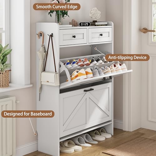 Image of Shoe Cabinet with 2 Flip Drawers & 2 Top Drawers, 43 inch Tall Freestanding Narrow Wooden Shoe Storage Organizer for Entryway, Hidden Slim Shoe Rack for Front Door Entrance, Hallway, Living Room, White