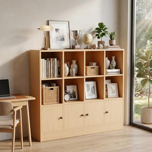 Image of DIYART Oak Bookshelf, Wood Bookcase with 3 Tier Shelves, 12 Cube Storage Organizer with Doors for Bedroom, Living Room, 47.8 inch W x 39.1 inch H