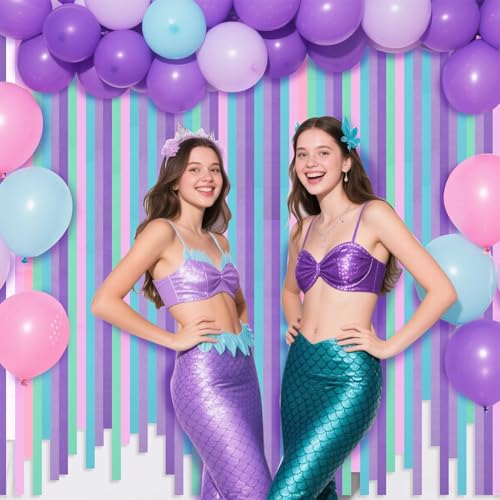 Image of Streamers Party Decorations, 8 Rolls Crepe Paper with Purple, Blue, Mint and White Party Streamers for Mermaid Birthday, Winter Party Decorations, Baby Bride Shower,Wedding