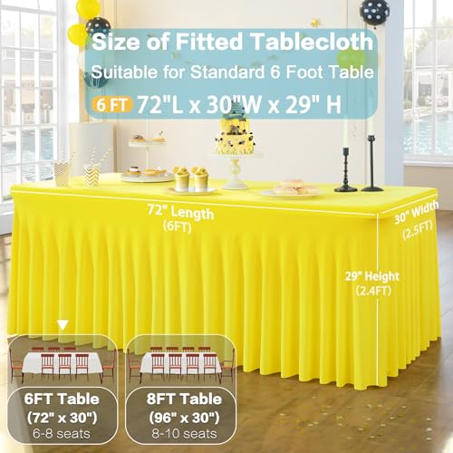 Image of 3 Pack Yellow Spandex Tablecloth for 6 Foot Rectangle Tables, Wrinkle Free Fitted Table Cloth Cover 6ft Yellow Stretchy Tablecloths with Skirt for Parties Weddings Birthday Banquet Baby Shower
