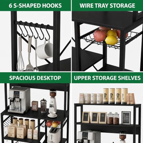Image of 5-Tier Kitchen Storage Rack | Microwave Stand with Organizer | Kitchen Shelf Unit | Coffee Bar Organizer | Heavy Duty Metal & Wood Cabinet | Black | 90x40x150 cm
