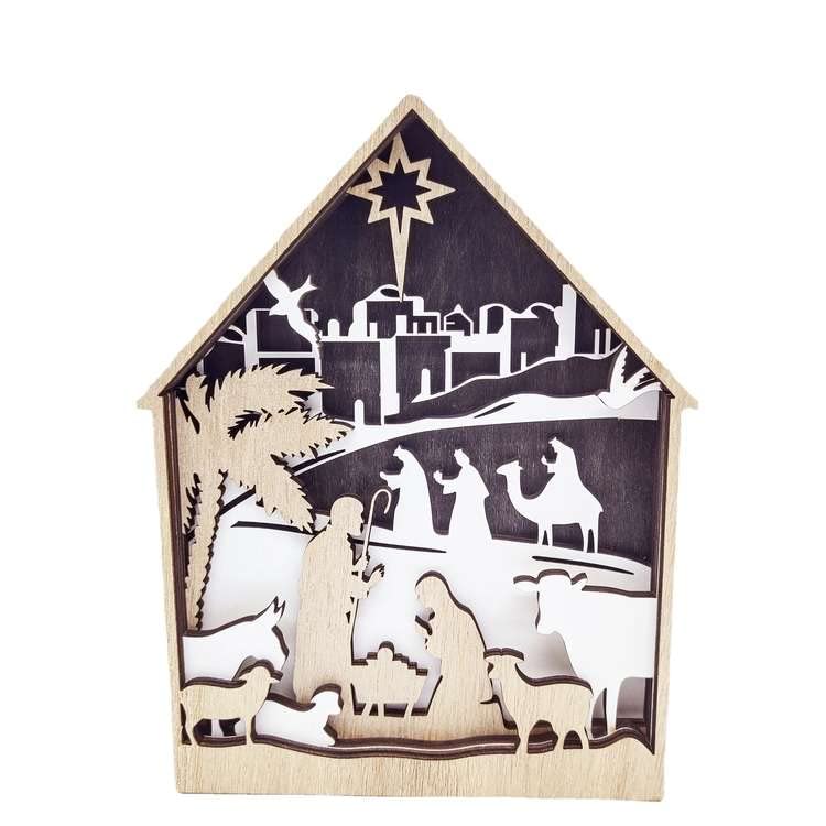 Acecare Christmas Nativity Scene Decoration Carving Jesus Wooden House Religious Gift Christmas Decoration Wooden Desktop Holiday Decoration Home Desktop Christmas Table Decoration