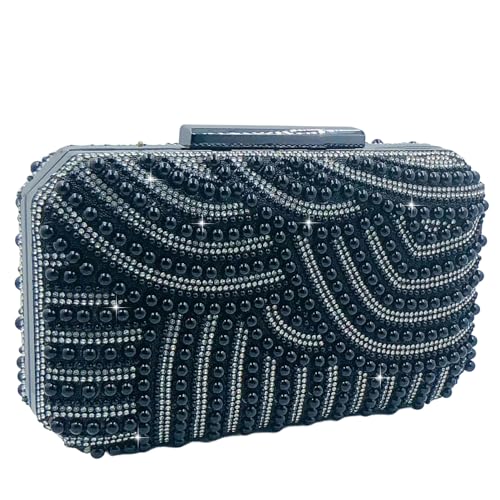Boutique De FGG Bolsa feminina vintage com contas e bolsas para noite nupcial pérola bolsa clutch festa de casamento noiva, mini, preta, Preto, Mini