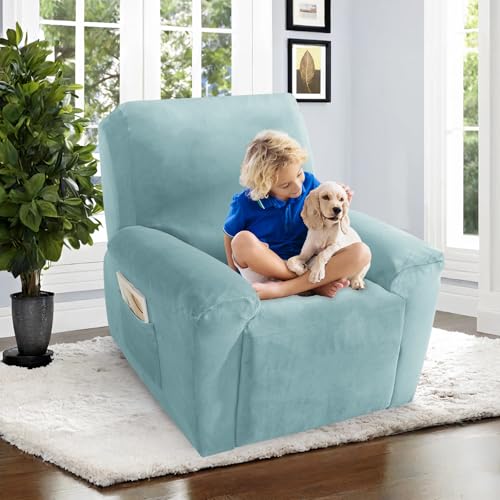 Image of ZNSAYOTX 2026 Velvet Oversized Recliner Cover 3-Piece, Luxury Plush Recliner Chair Covers with Elastic Band & Ties Stay in Place, Stretch Reclining Slipcover for Lazy Boy Soft Washable (Stone Blue)