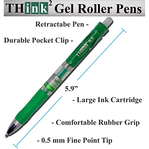 Image of [24 Pens - Green Ink] Think2 Retractable Gel Pens. (24 Green) Fine Point (0.5mm) Rollerball Pens with Comfort Grip.