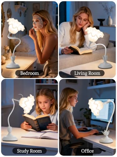 Image of Flower Table Lamp Bedside Lamps LED Reading Light,3 Color Modes Cute Small Lamp,Vintage Flower Lamp Kawaii Table Lamp for Bedroom Living Room Office Dorm Desk Home Decor (Pearl White lamp)